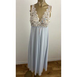 Vintage Lucie Ann Women's 34 Blue Nylon Nightgown Long Gown Lace Bodice